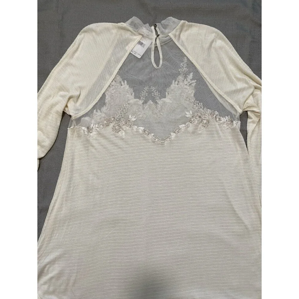 Free People Women's Size Large Ivory Saheli Mesh Embroidered Mock Neck Tunic Top